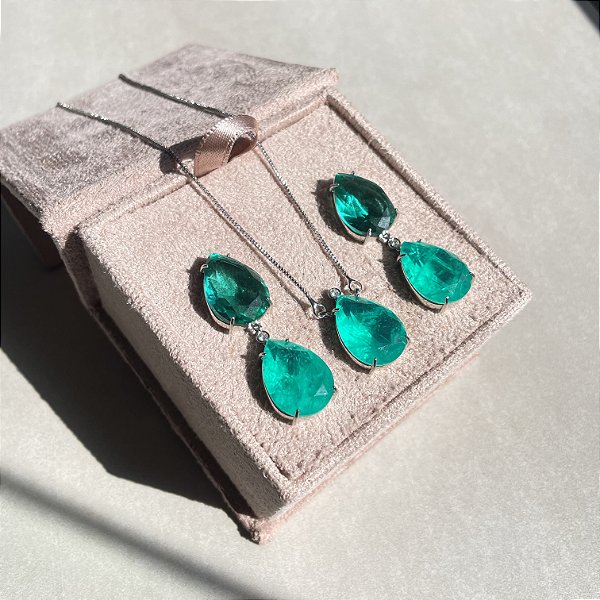 Conjunto Duas Gotas Turmalina Banhado a Ródio Branco