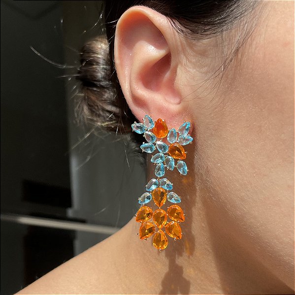 Brinco Luxo Bicolor Azul e Laranja Banhado a Ouro