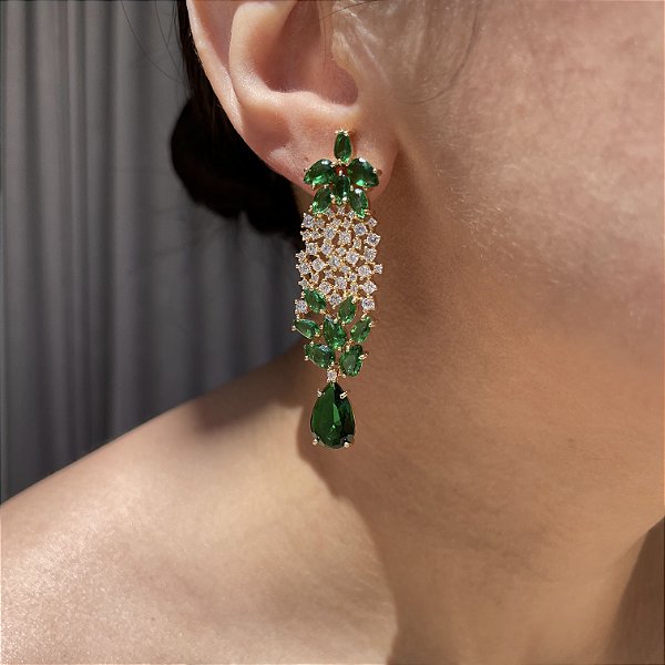 Brinco Luxo Flor Esmeralda Banhado a Ouro