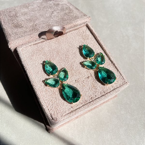 Brinco Leaf Luxo Turmalina Banhado a Ouro