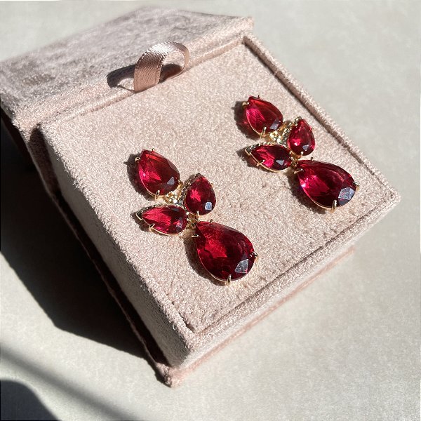 Brinco Leaf Luxo Rubi Banhado a Ouro