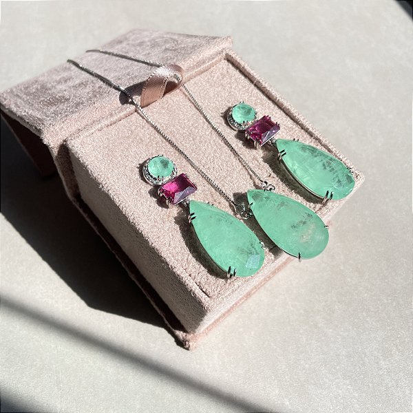 Conjunto Bicolor Safira Rosa e Greenery Fusion Banhado a Ródio Branco