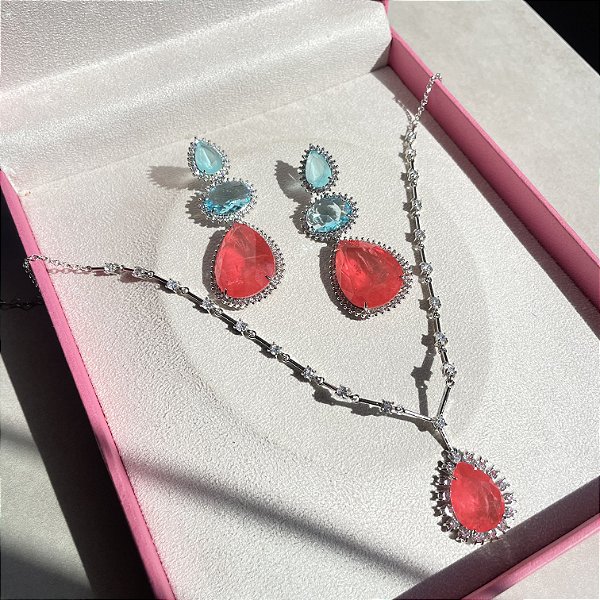 Conjunto Riviera Fio Faca Bicolor Tangerina Fusion e Azul Banhado a Ródio Branco