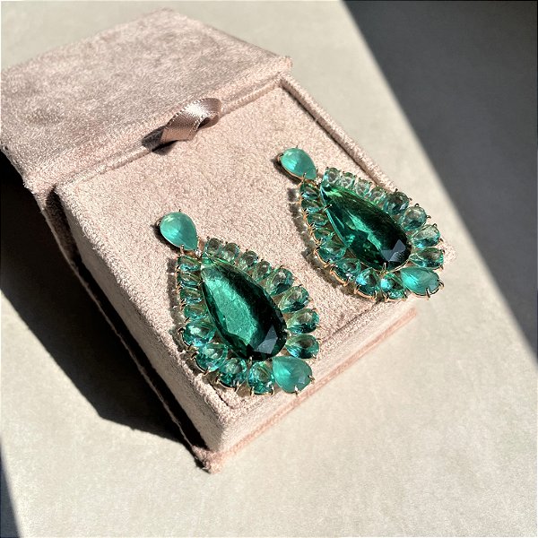 Brinco Gota Luxo Turmalina Translucida Banhado a Ouro