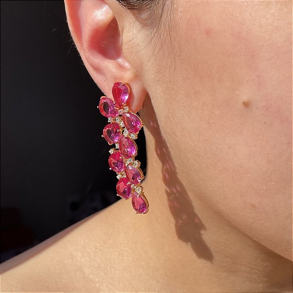 Brinco Cascata Gotas Safira Rosa Banhado a Ouro