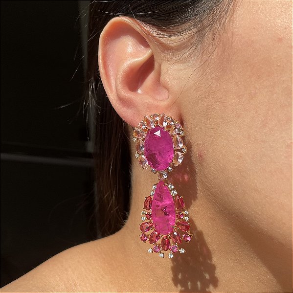 Brinco Luxo Bicolor Light Pink, Safira Rosa e Pink Fusion Banhado a Ouro