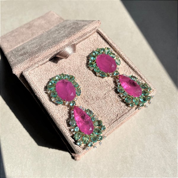 Brinco Luxo Bicolor Turmalina e Pink Fusion Banhado a Ouro