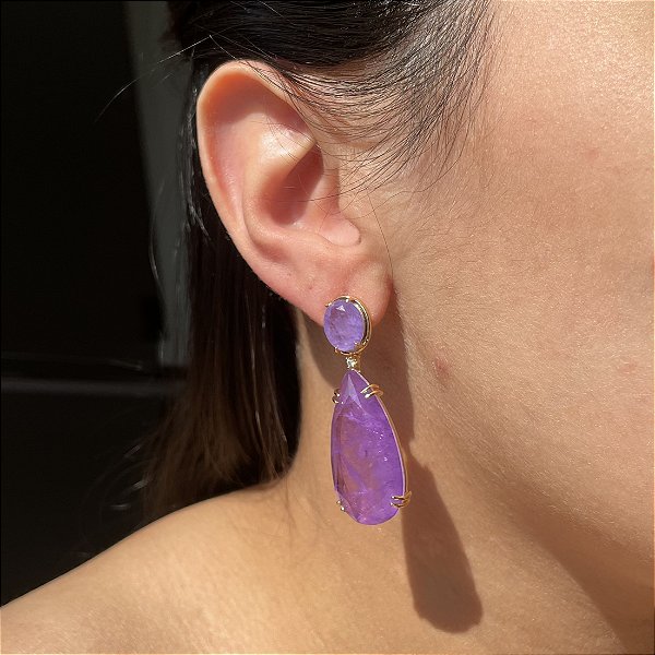Brinco Gota Ultraviolet e Ametista Fusion Banhado a Ouro