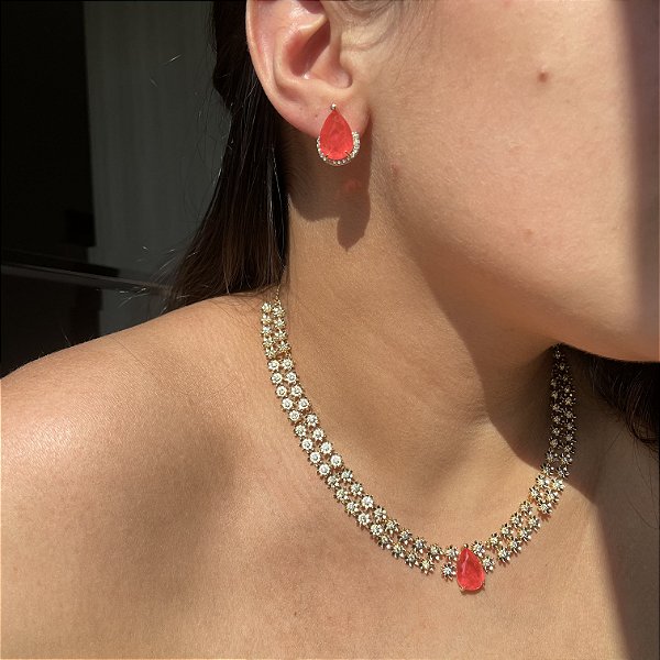 Conjunto Luxo Flowers Tangerina Fusion Banhado a Ouro