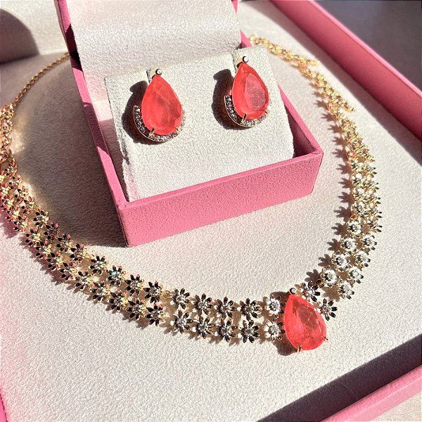 Conjunto Luxo Flowers Tangerina Fusion Banhado a Ouro