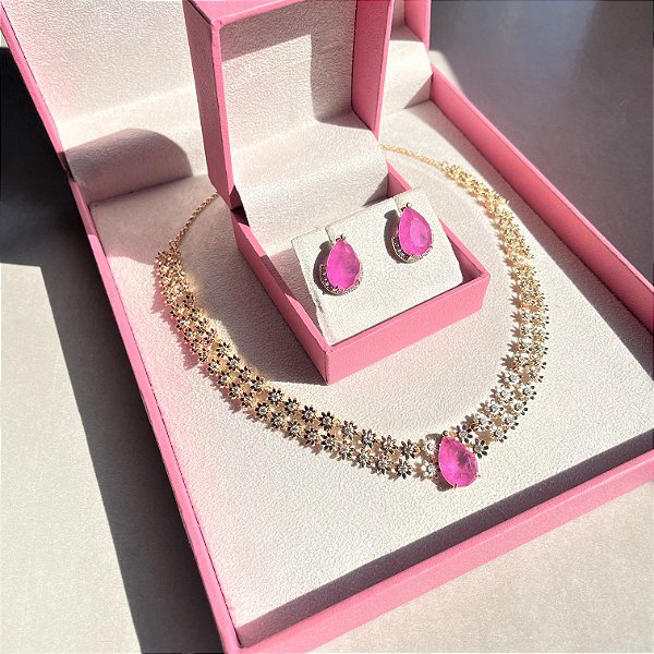 Conjunto Luxo Flowers Pink Fusion Banhado a Ouro