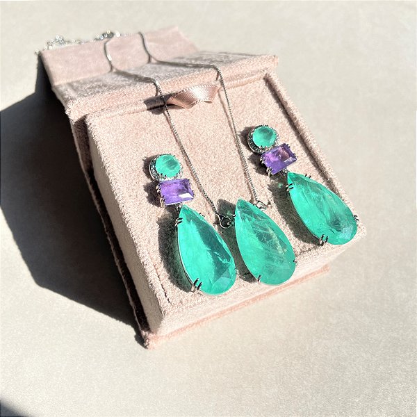 Conjunto Bicolor Ametista e Turmalina Fusion Banhado a Ródio Branco