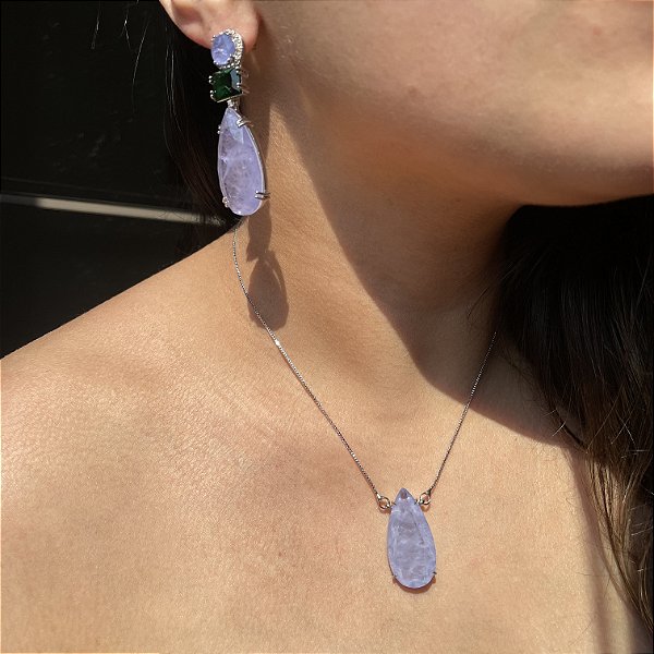 Conjunto Bicolor Esmeralda e Lavanda Fusion Banhado a Ródio Branco