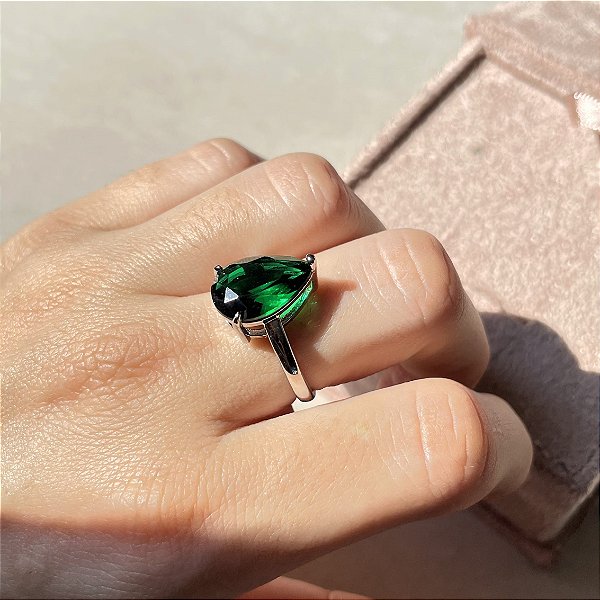 Anel Gota Esmeralda Regulável Banhado a Ródio Branco - Aro Regulável