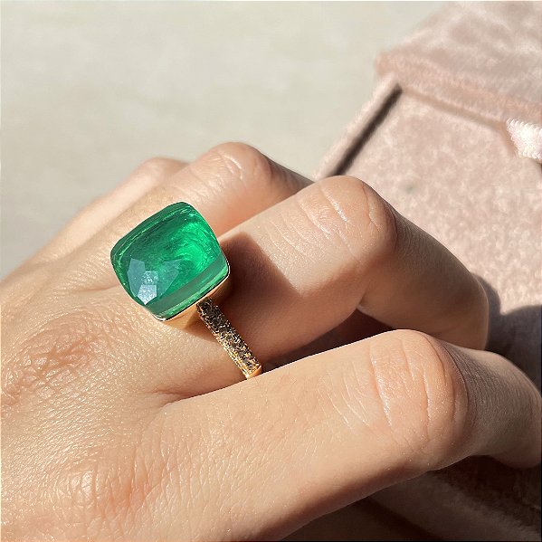 Anel Square Esmeralda Fusion Banhado a Ouro - Aro Regulável
