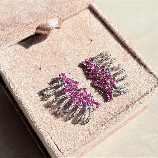 Brinco Ear Cuff Luxo Safira Rosa Banhado a Ródio Branco