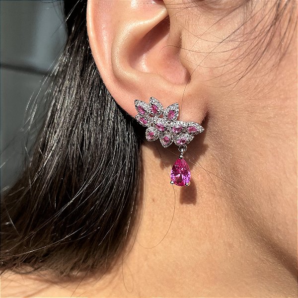Brinco Leaf Ear Cuff Safira Rosa Banhado a Ródio Branco