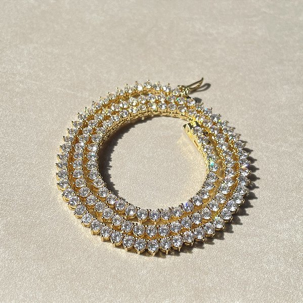 Colar Riviera 3 Garras Trama Rigida 3mm Cristal Banhado a Ouro - 40cm