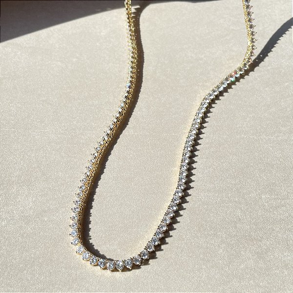 Colar Riviera 3 Garras Trama Rigida 3mm Cristal Banhado a Ouro - 45cm