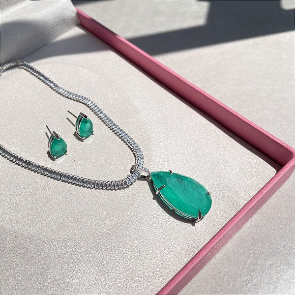 Conjunto Riviera Baguetes Gota Turmalina Fusion Banhado a Ródio Branco