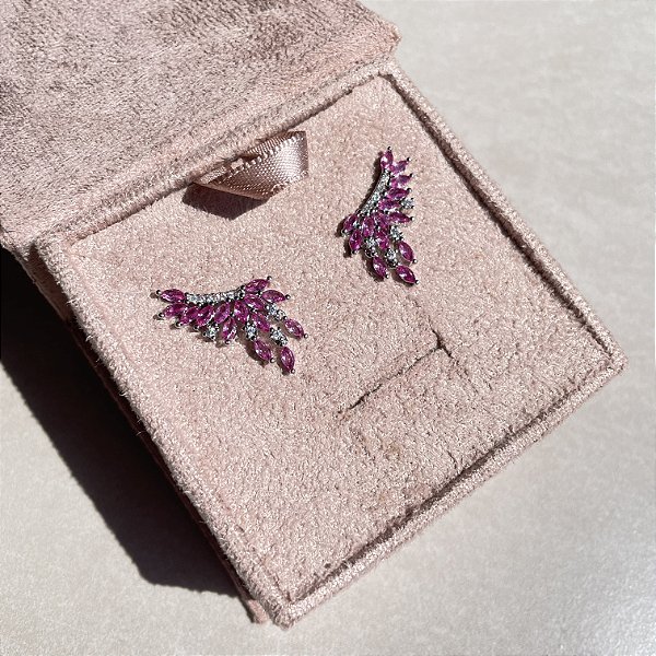 Brinco Ear Cuff Asa Safira Rosa Banhado a Ródio Branco