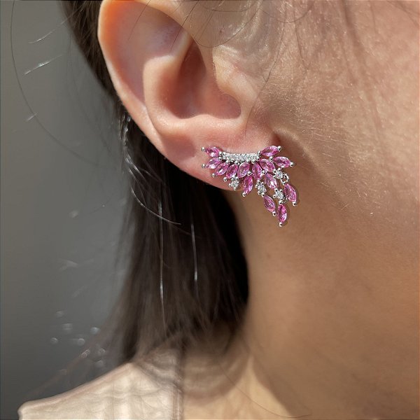 Brinco Ear Cuff Asa Safira Rosa Banhado a Ródio Branco
