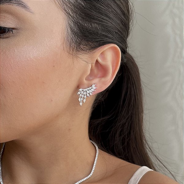 Brinco Ear Cuff Asa Cristal Banhado a Ródio Branco