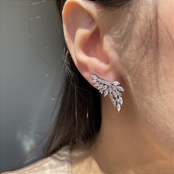 Brinco Ear Cuff Asa Cristal Banhado a Ródio Branco