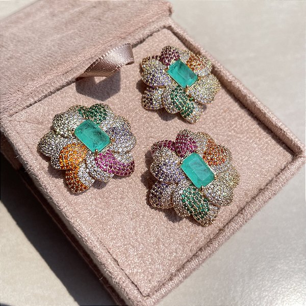 Conjunto Flor Luxo Colorido Turmalina Fusion Banhado a Ouro - Aro 17