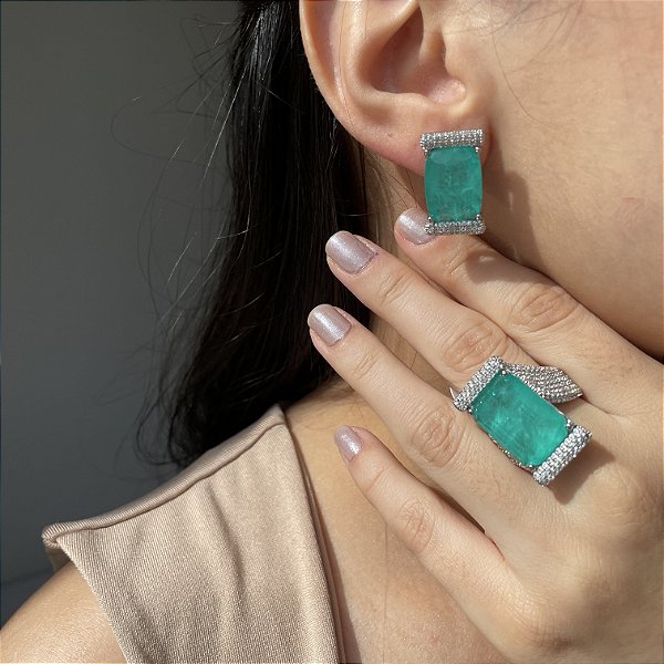 Conjunto Retângulo Luxo Turmalina Fusion Banhado a Ouro - Aro 17