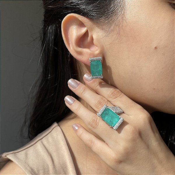 Conjunto Retângulo Luxo Turmalina Fusion Banhado a Ouro - Aro 21