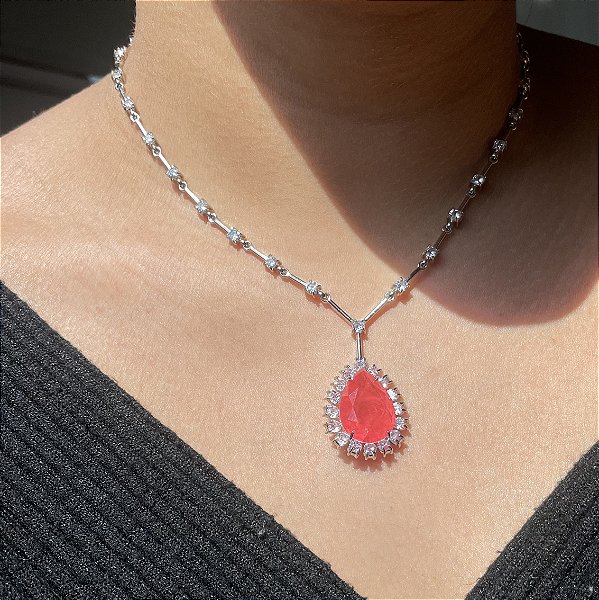 Colar Gota Riviera Fio Faca Tangerina Fusion Banhado a Ródio Branco