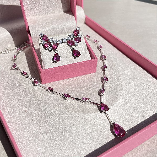 Conjunto Gravata Fio Faca Safira Rosa Banhado a Ródio Branco