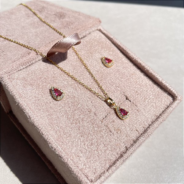 Conjunto Gota Classic Rubi Banhado a Ouro