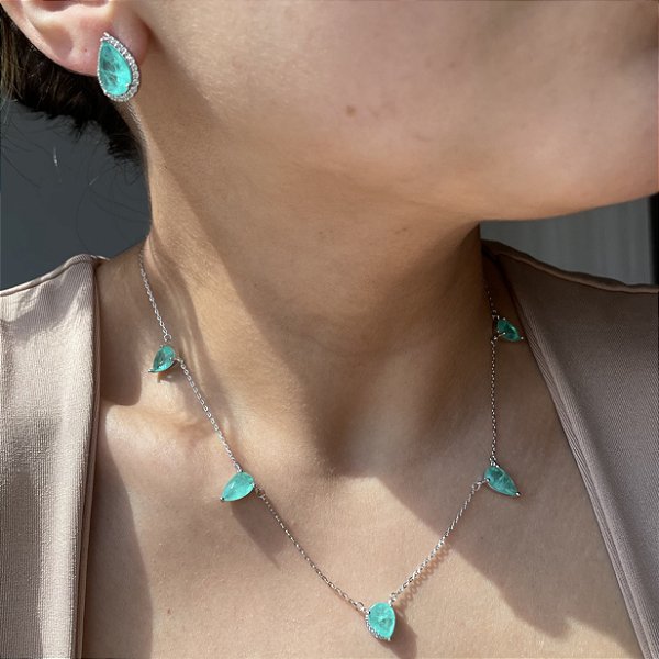 Conjunto Gotas Turmalina Fusion Banhado a Ródio Branco
