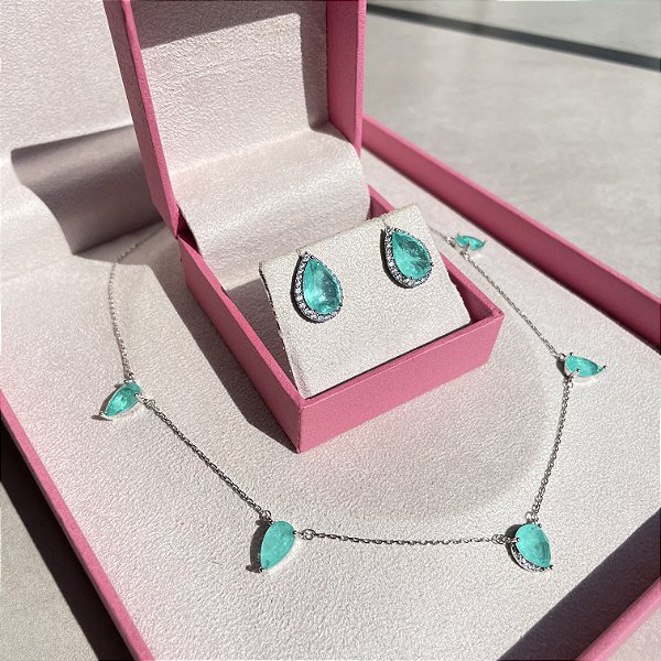 Conjunto Gotas Turmalina Fusion Banhado a Ródio Branco