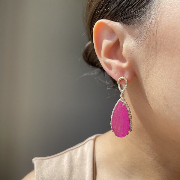 Brinco Gota Elo Pink Fusion Banhado a Ouro