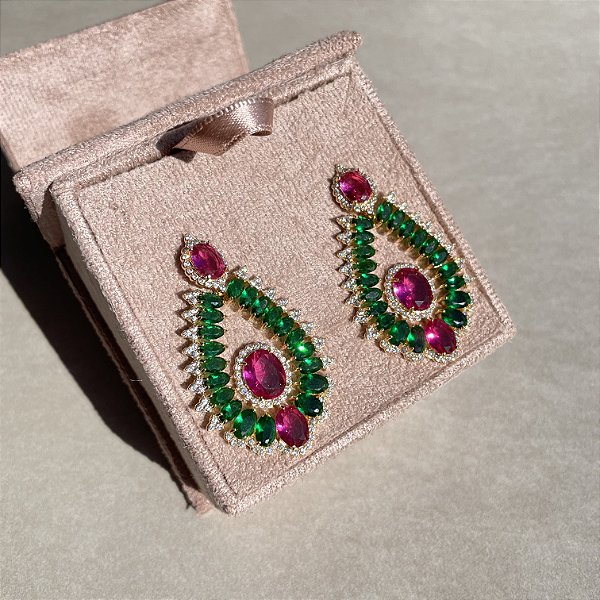 Brinco Bicolor Esmeralda e Safira Rosa Banhado a Ouro