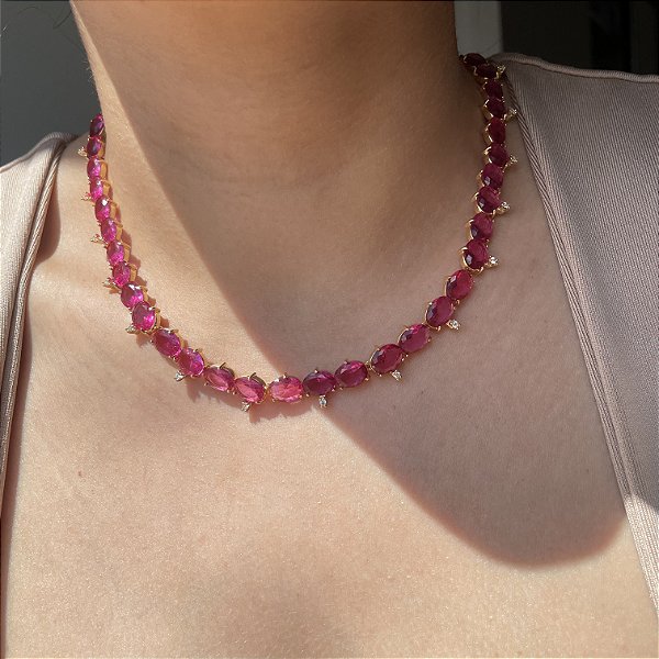 Colar Riviera Oval Safira Rosa Banhado a Ouro