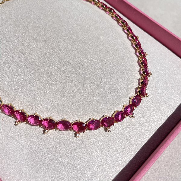 Colar Riviera Oval Safira Rosa Banhado a Ouro
