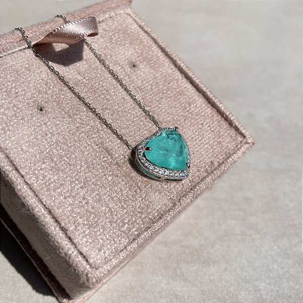 Colar Coração Borda Cravejada Turmalina Fusion Banhado a Ródio Branco