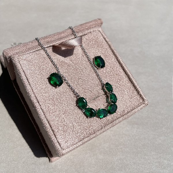 Conjunto Oval Esmeralda Banhado a Ródio Branco