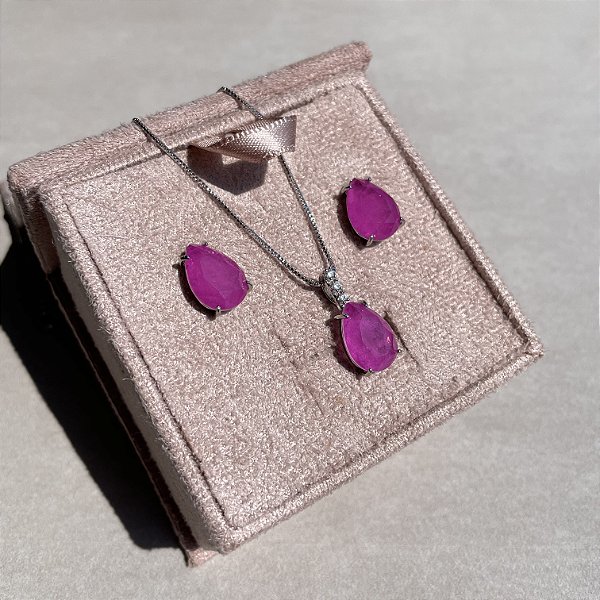 Conjunto Gota Fúcsia Fusion Banhado a Ródio Branco