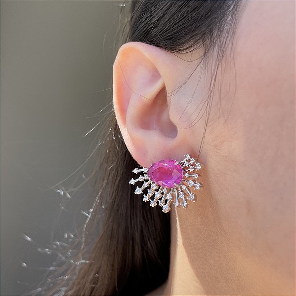 Brinco Ear Cuff Gota Pink Fusion Banhado a Ródio Branco