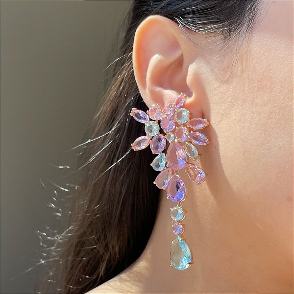 Brinco Maxi Luxo Cristais Colors Banhado a Ouro