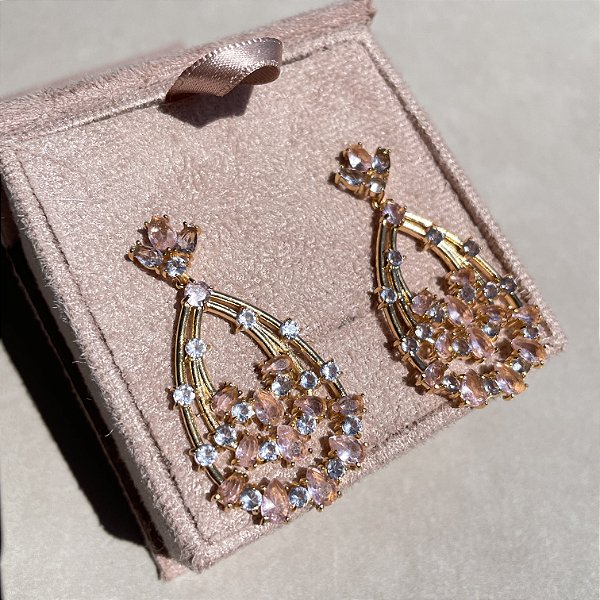 Brinco Gota Vazada Light Pink e Ametista Banhado a Ouro