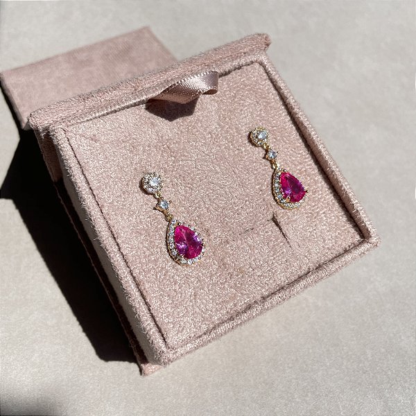 Brinco Gota Safira Rosa Banhado a Ouro