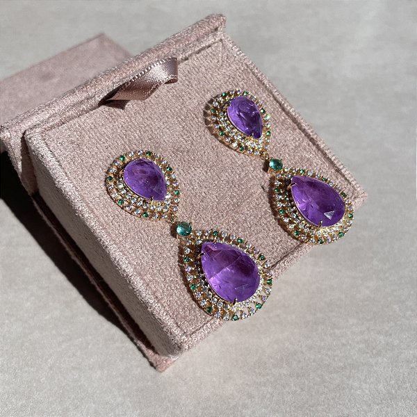 Brinco Luxo Turmalina, Ametista e Ultraviolet Fusion Banhado a Ouro