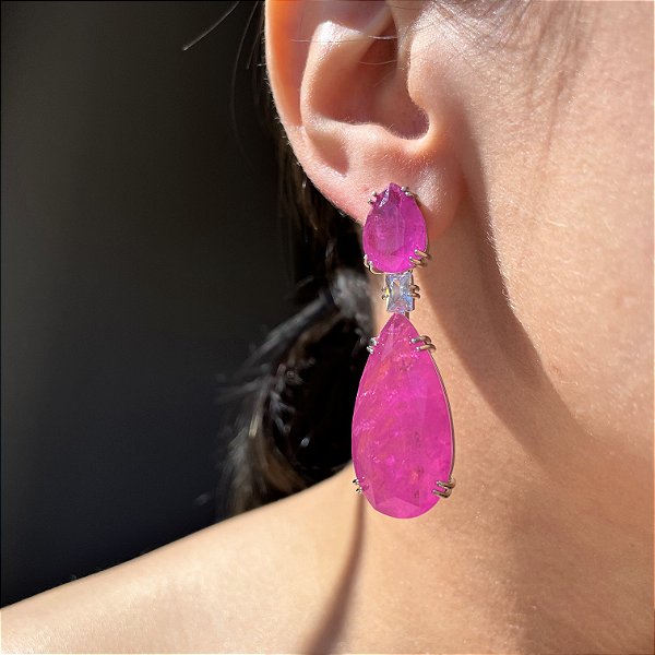 Brinco Gota Luxo Pink Fusion Banhado a Ródio Branco