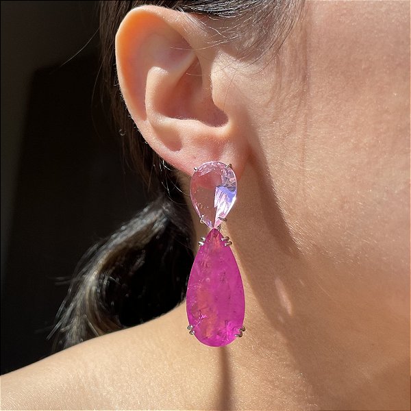 Brinco Gota Luxo Light Pink e Pink Fusion Banhado a Ródio Branco